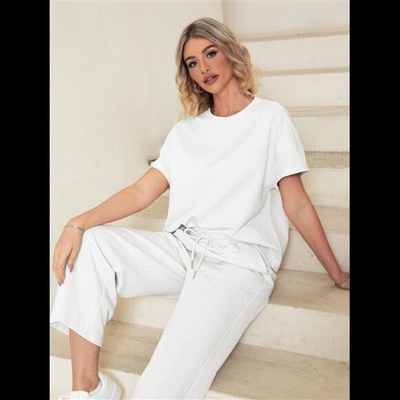 Womens 2 Piece Lounge Sets Short Sleeve Loose Fit Top and Wide Leg Pants Set - Picture 5 of 7